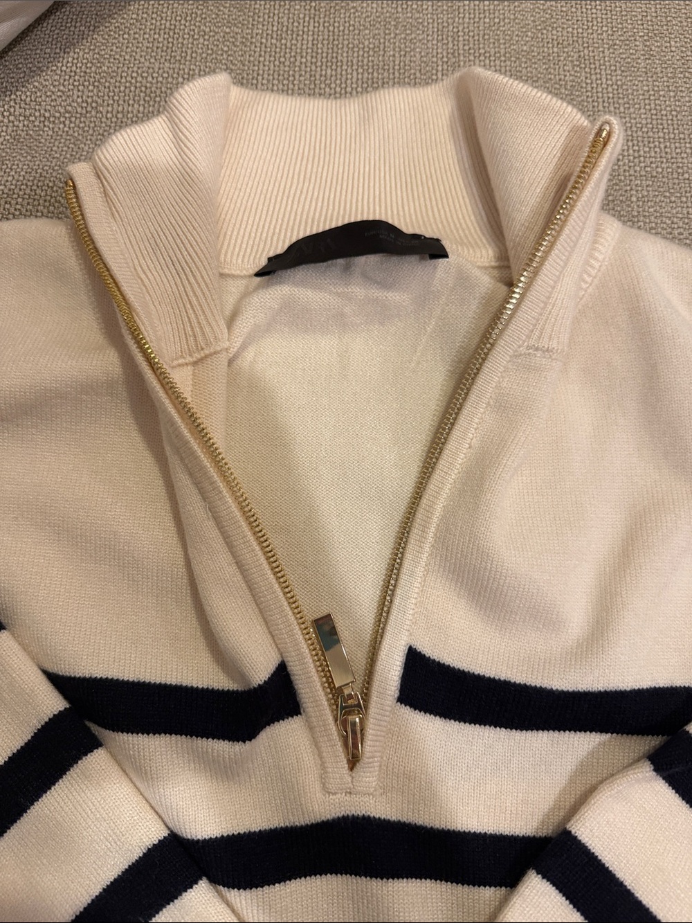 Zara Women’s Cream and Navy Quarter-Zip Stripe Sweater - Picture 3 of 5